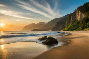 the sun sets on the beach in the background. AI-Generated photo