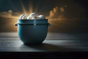a bucket filled with eggs on a table. AI-Generated photo