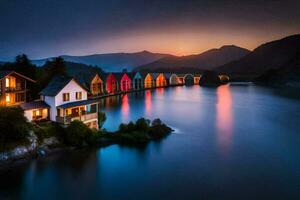 colorful houses on the shore of a lake at dusk. AI-Generated photo