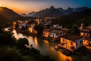 photo wallpaper the sky, mountains, river, village, sunset, river, riverbank, river. AI-Generated