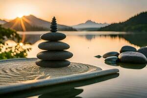 a stack of stones sits on a rock in front of a lake. AI-Generated photo