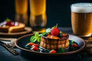 a dessert with berries and a glass of beer. AI-Generated photo