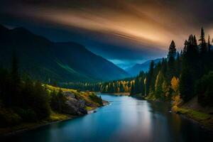 un río en el montañas con arboles y nubes generado por ai foto