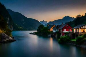 photo wallpaper the sky, mountains, water, house, the house, the house, the house. AI-Generated