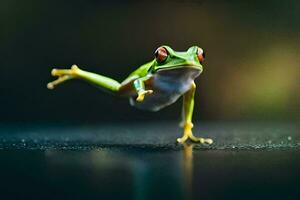 a frog is jumping on the ground. AI-Generated photo
