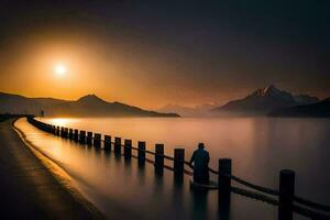 a man stands on a pier looking at the sun setting over a lake. AI-Generated photo