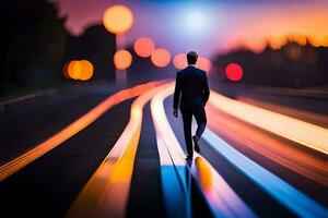 a man in a suit walks down a road at night. AI-Generated photo