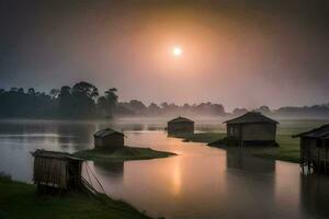 the sun rises over a river and several small huts. AI-Generated photo