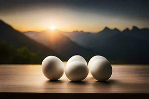 huevos en un mesa con montañas en el antecedentes. generado por ai foto