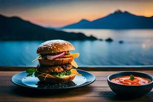 a burger and a bowl of sauce on a table with a view of the mountains. AI-Generated photo