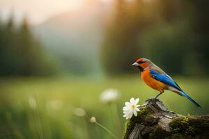 a blue and orange bird sits on a stump in a field. AI-Generated photo
