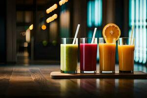 four different types of juices are lined up on a tray. AI-Generated photo