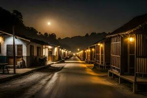 un largo la carretera líder a un pueblo a noche. generado por ai foto