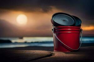a red bucket on the beach with a sunset in the background. AI-Generated photo