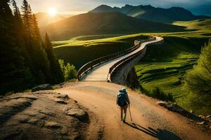 a person walking on a bridge over a road in the mountains. AI-Generated photo