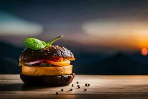 un hamburguesa con vegetales y hierbas en cima. generado por ai foto