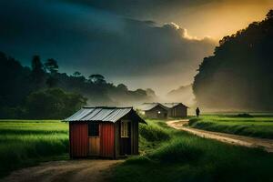 a small red hut sits in the middle of a field. AI-Generated photo