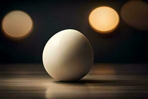 an egg sitting on a table with a few lights. AI-Generated photo