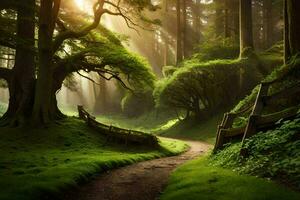 un camino mediante un verde bosque con arboles y un banco. generado por ai foto