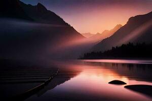 a lake in the mountains with a dock and rocks. AI-Generated photo