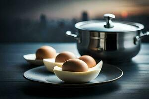 three eggs on a plate with a pot and a pan. AI-Generated photo