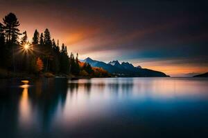 el Dom conjuntos terminado un lago y montañas. generado por ai foto