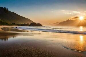 el Dom sube terminado el Oceano y el playa. generado por ai foto