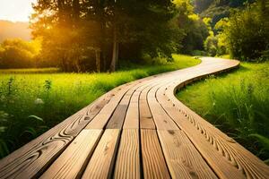 wooden path in the forest at sunset. AI-Generated photo