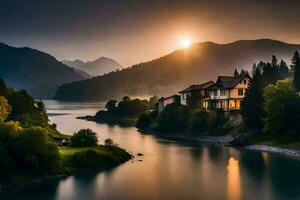 a house sits on the edge of a river in the mountains. AI-Generated photo