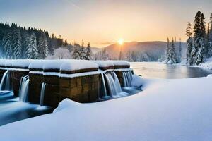 a river with snow and waterfalls in the background. AI-Generated photo