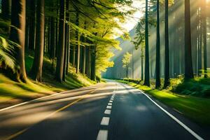 un la carretera en el bosque con Dom rayos brillante mediante el arboles generado por ai foto