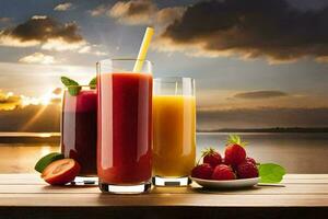 juice and fruit on a table with sunset in the background. AI-Generated photo