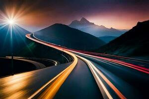 a long exposure photo of a highway at sunset. AI-Generated