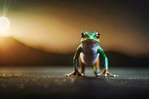 a frog is standing on the ground in front of the sun. AI-Generated photo