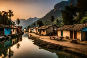 a river runs through a village at sunset. AI-Generated photo