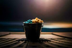 a cup filled with colorful pills on a table. AI-Generated photo