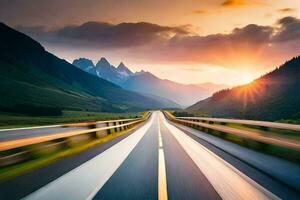a highway with the sun setting behind it. AI-Generated photo