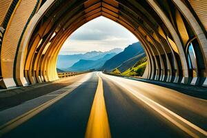 a car driving through a tunnel with mountains in the background. AI-Generated photo