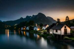 photo wallpaper the sky, mountains, house, the lake, the mountains, the lake, the. AI-Generated