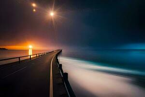 a long exposure photo of a road and the ocean at night. AI-Generated