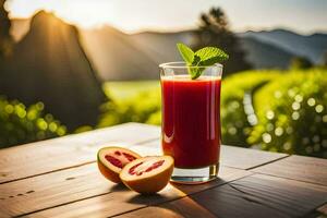 un vaso de jugo con un rebanada de sangre naranja en un mesa. generado por ai foto