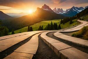 un devanado la carretera en el montañas a puesta de sol. generado por ai foto