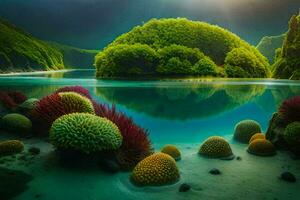 the sun shines on a tropical island with colorful plants. AI-Generated photo