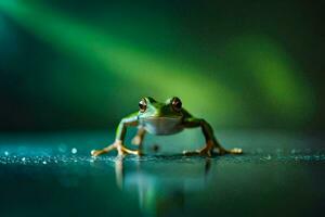 a frog on a dark background with green light. AI-Generated photo