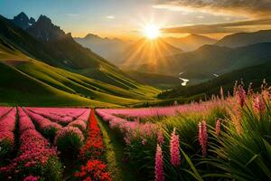 the sun rises over a field of flowers and mountains. AI-Generated photo