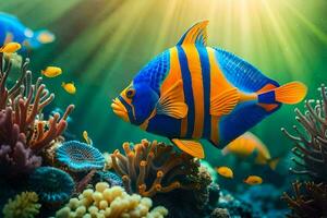 photo wallpaper fish, coral, the sun, the sea, the ocean, the sun, the. AI-Generated