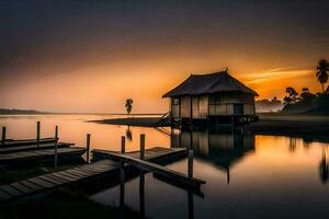 a small hut sits on the shore of a lake at sunset. AI-Generated photo