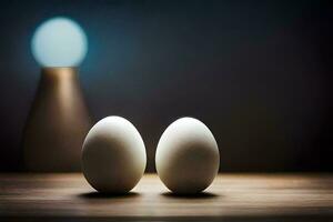 two eggs sit on a table in front of a lamp. AI-Generated photo