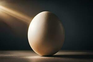 un huevo en un mesa con un ligero brillante en él. generado por ai foto