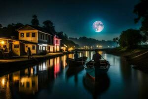 dos barcos en el agua a noche con un lleno Luna. generado por ai foto